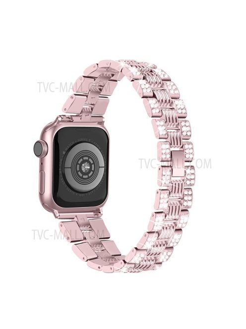 For Apple Watch Series 3 / 2 / 1 38mm Thread Design Stainless Steel Watch Strap + Double Row Rhinestone PC Protective Case - Rose Pink / Rose Pink