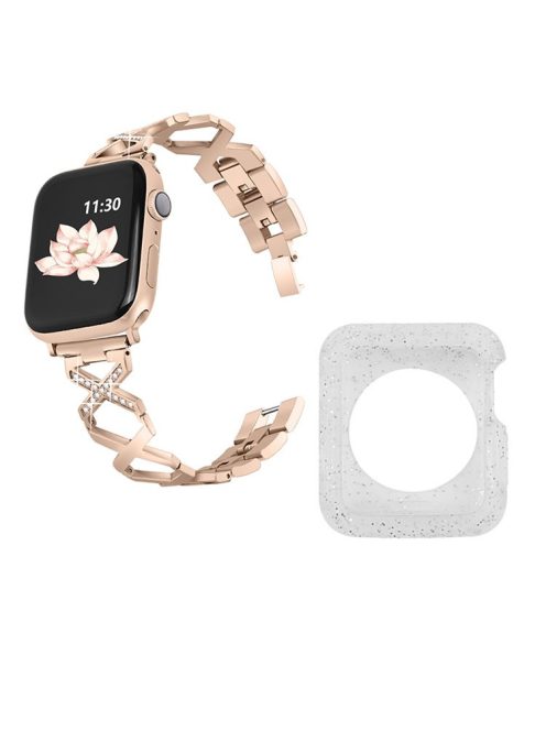 For Apple Watch Series 3 / 2 / 1 42mm Hollow X-Shape Rhinestones Decor Stainless Steel Replacement Strap + Glitter Silver TPU Watch Case - Gold