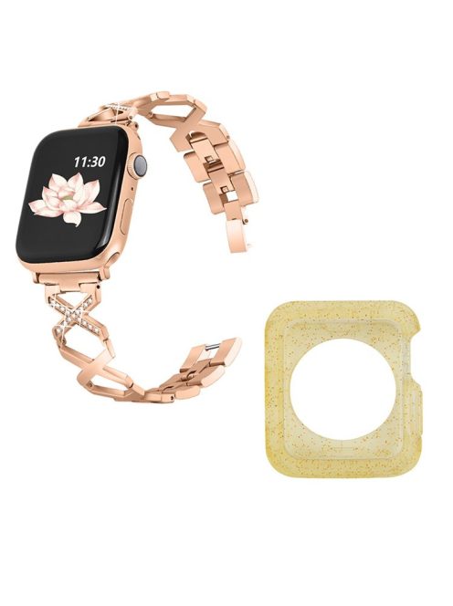 For Apple Watch Series 3 / 2 / 1 42mm Hollow X-Shape Rhinestones Decor Stainless Steel Smartwatch Strap + Yellow TPU Protective Case - Rose Gold