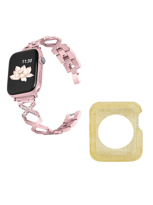 For Apple Watch Series 3 / 2 / 1 42mm Hollow X-Shape Rhinestones Decor Stainless Steel Smartwatch Strap + Yellow TPU Protective Case - Rose Pink