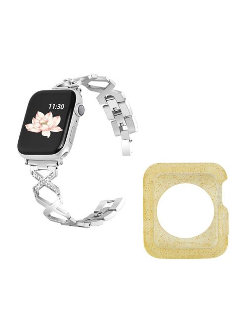 For Apple Watch Series 3 / 2 / 1 42mm Hollow X-Shape Rhinestones Decor Stainless Steel Smartwatch Strap + Yellow TPU Protective Case - Silver