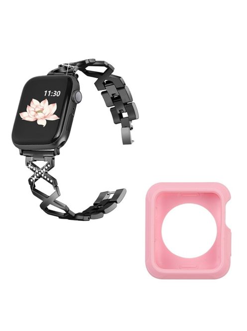 For Apple Watch Series 3 / 2 / 1 42mm Replacement Strap Hollow X-Shape Rhinestones Decor Stainless Steel Band + Pink TPU Protective Case - Black