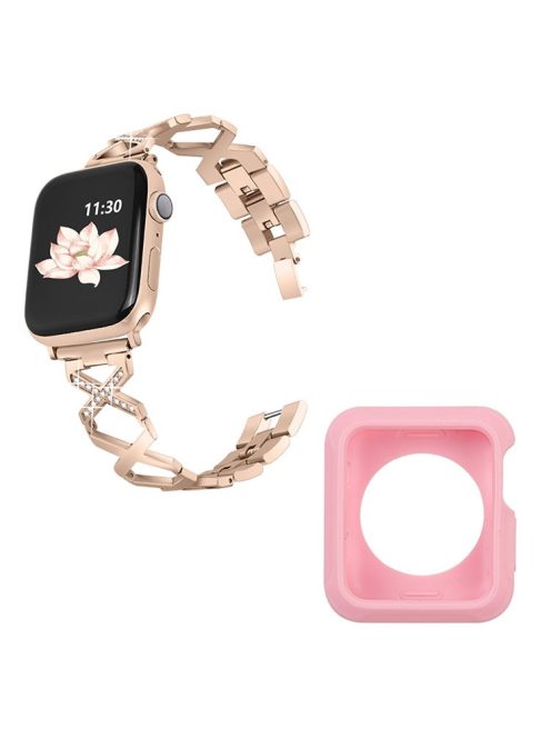 For Apple Watch Series 3 / 2 / 1 42mm Replacement Strap Hollow X-Shape Rhinestones Decor Stainless Steel Band + Pink TPU Protective Case - Gold