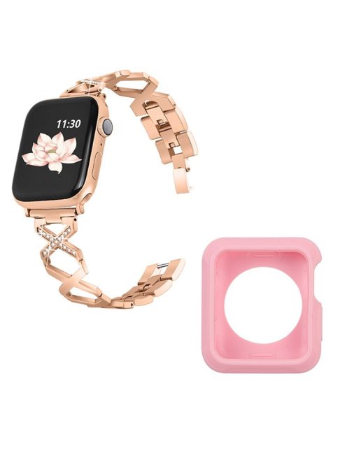 For Apple Watch Series 3 / 2 / 1 42mm Replacement Strap Hollow X-Shape Rhinestones Decor Stainless Steel Band + Pink TPU Protective Case - Rose Gold