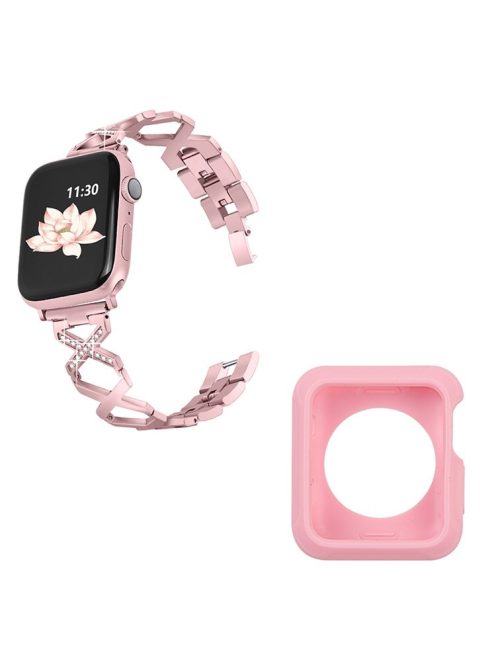 For Apple Watch Series 3 / 2 / 1 42mm Replacement Strap Hollow X-Shape Rhinestones Decor Stainless Steel Band + Pink TPU Protective Case - Rose Pink