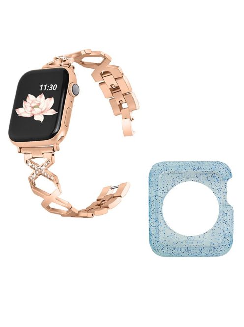 For Apple Watch Series 3 / 2 / 1 42mm Rhinestones Decor Hollow X-Shape Stainless Steel Wrist Band + Glitter Blue TPU Watch Case - Rose Gold