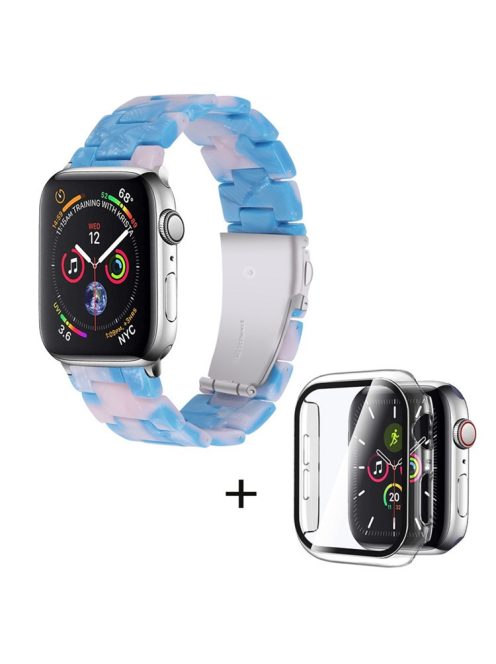 For Apple Watch Series 3 / 2 / 1 42mm Watch Band 3 Beads Resin Stainless Steel Folding Clasp Wrist Strap with Transparent Watch Case - Blue Pink Mix