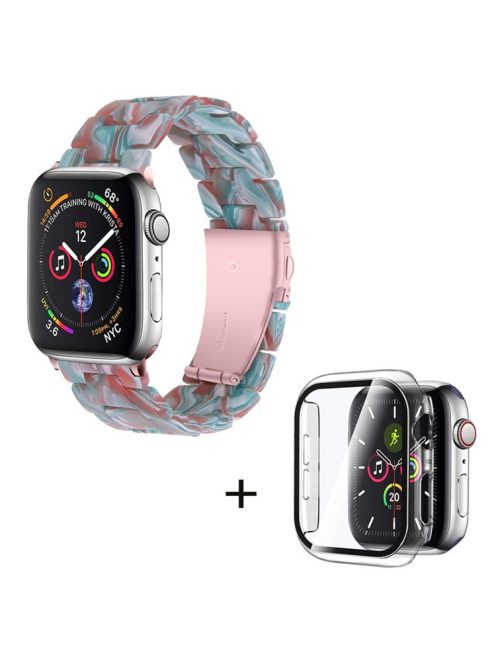 For Apple Watch Series 3 / 2 / 1 42mm Watch Band 3 Beads Resin Stainless Steel Folding Clasp Wrist Strap with Transparent Watch Case - Emerald Red