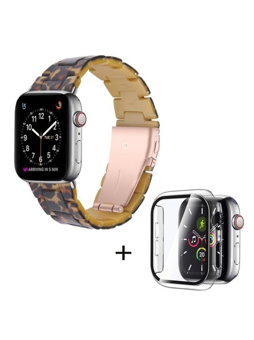 For Apple Watch Series 3 / 2 / 1 42mm Watch Band 3 Beads Resin Stainless Steel Folding Clasp Wrist Strap with Transparent Watch Case - Leopard