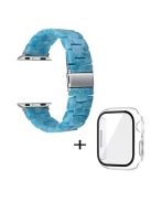 For Apple Watch Series 3 / 2 / 1 42mm Watch Band 3 Beads Resin Stainless Steel Folding Clasp Wrist Strap with Transparent Watch Case - Marble Blue