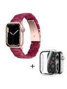 For Apple Watch Series 3 / 2 / 1 42mm Watch Band 3 Beads Resin Stainless Steel Folding Clasp Wrist Strap with Transparent Watch Case - Marble Red