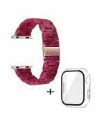 For Apple Watch Series 3 / 2 / 1 42mm Watch Band 3 Beads Resin Stainless Steel Folding Clasp Wrist Strap with Transparent Watch Case - Marble Red