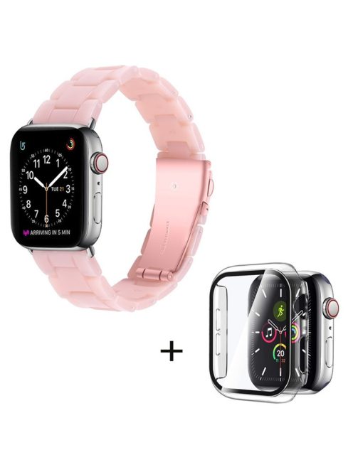 For Apple Watch Series 3 / 2 / 1 42mm Watch Band 3 Beads Resin Stainless Steel Folding Clasp Wrist Strap with Transparent Watch Case - Pink