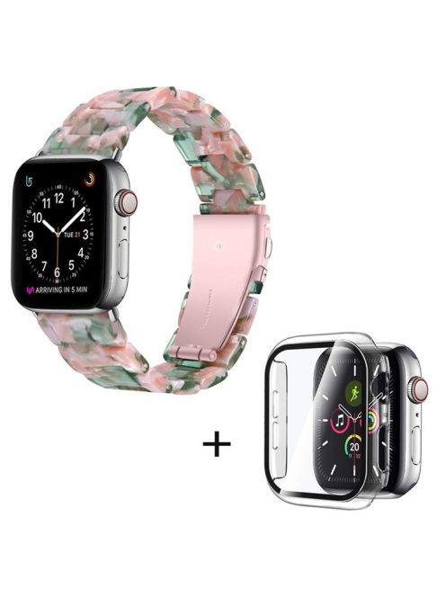 For Apple Watch Series 3 / 2 / 1 42mm Watch Band 3 Beads Resin Stainless Steel Folding Clasp Wrist Strap with Transparent Watch Case - Pink Green Mix