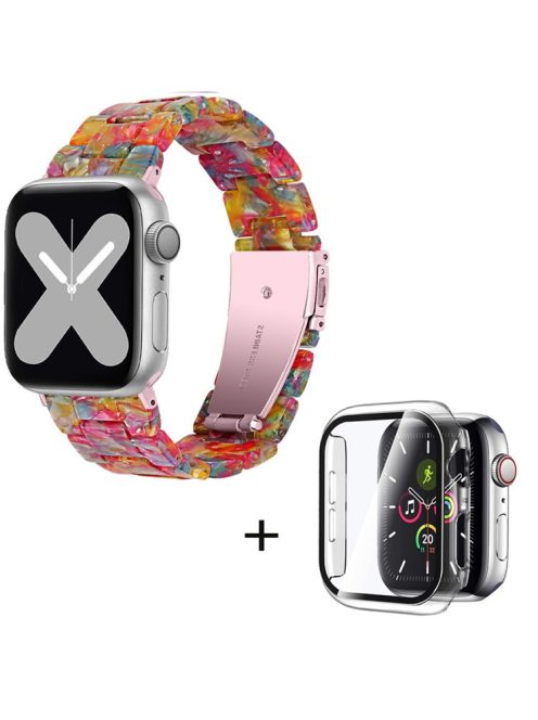 For Apple Watch Series 3 / 2 / 1 42mm Watch Band 3 Beads Resin Stainless Steel Folding Clasp Wrist Strap with Transparent Watch Case - Rainbow Mix