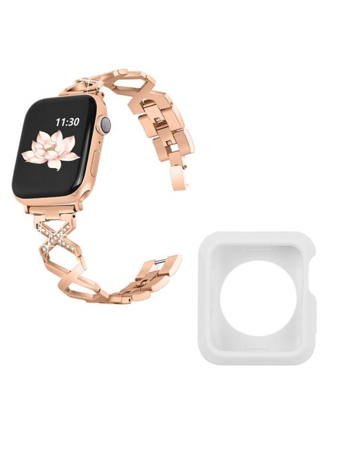 For Apple Watch Series 3 / 2 / 1 42mm X-Shape Rhinestones Decor Hollow Stainless Steel Wrist Strap + White TPU Watch Case - Rose Gold