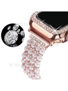 For Apple Watch Series 3/2/1 42mm Pearl Rhinestone Decor Metal Drawstring Design Watch Strap Bracelet + Hollow Out PC Watch Case - Rose Gold