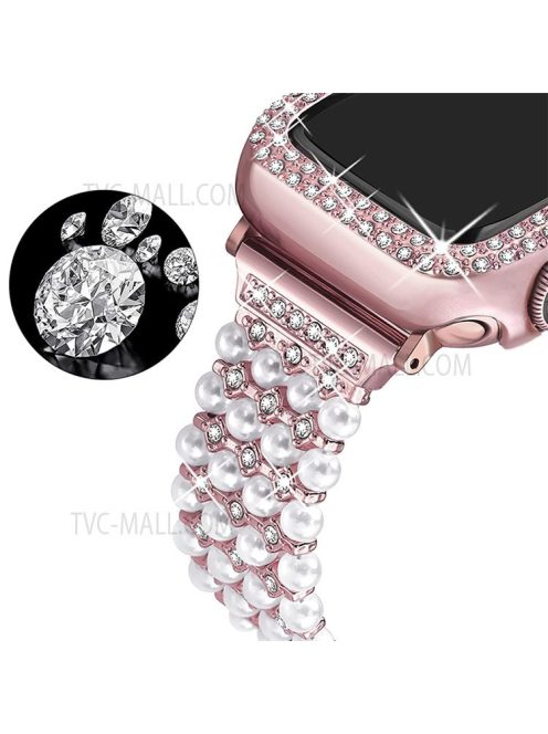 For Apple Watch Series 3/2/1 42mm Pearl Rhinestone Decor Metal Drawstring Design Watch Strap Bracelet + Hollow Out PC Watch Case - Rose Pink