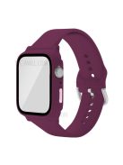 For Apple Watch Series 6 / 5 / 4 / SE / SE (2022) 40mm Soft Silicone Adjustable Strap with Rubberized PC Bumper Case Built-in Tempered Glass Screen Protector - Dark Red