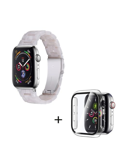 For Apple Watch Series 6 / 5 / 4 / SE / SE (2022) 44mm 3 Beads Resin Watch Band Stainless Steel Folding Clasp Strap with Transparent Watch Case - Pearl White