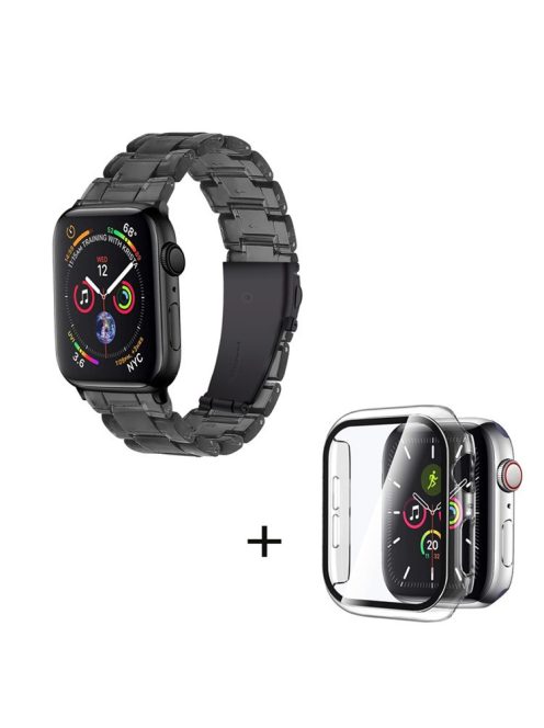 For Apple Watch Series 6 / 5 / 4 / SE / SE (2022) 44mm 3 Beads Resin Watch Band Stainless Steel Folding Clasp Strap with Transparent Watch Case - Transparent Black