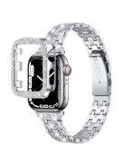 For Apple Watch Series 7 41mm 5 Rows Stainless Steel Rhinestone Decor Dual-layer Clasp Watch Band + PC Watch Case - Silver