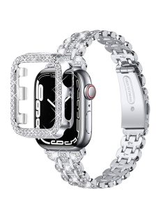   For Apple Watch Series 7 41mm Hard PC Watch Case + Rhinestone Decor Watch Band Stainless Steel Wrist Strap - Silver