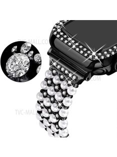   For Apple Watch Series 7 41mm Metal Pearl Rhinestone Decor Bracelet Smart Watch Band + Hollow Out PC Watch Cover Case - Black