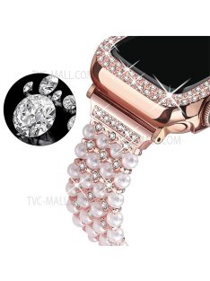   For Apple Watch Series 7 41mm Metal Pearl Rhinestone Decor Bracelet Smart Watch Band + Hollow Out PC Watch Cover Case - Rose Gold