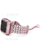 For Apple Watch Series 7 41mm Metal Pearl Rhinestone Decor Bracelet Smart Watch Band + Hollow Out PC Watch Cover Case - Rose Pink