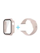 For Apple Watch Series 7 41mm Silicone Outdoor Sports Watch Band+Hard PC Case with Built-in Tempered Glass Screen Protector, Size S/M - Apricot