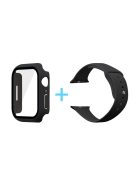 For Apple Watch Series 7 41mm Silicone Outdoor Sports Watch Band+Hard PC Case with Built-in Tempered Glass Screen Protector, Size S/M - Black