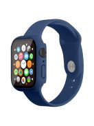 For Apple Watch Series 7 41mm Silicone Outdoor Sports Watch Band+Hard PC Case with Built-in Tempered Glass Screen Protector, Size S/M - Dark Blue