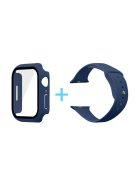 For Apple Watch Series 7 41mm Silicone Outdoor Sports Watch Band+Hard PC Case with Built-in Tempered Glass Screen Protector, Size S/M - Dark Blue