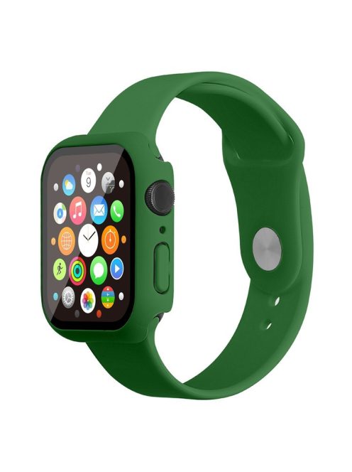 For Apple Watch Series 7 41mm Silicone Outdoor Sports Watch Band+Hard PC Case with Built-in Tempered Glass Screen Protector, Size S/M - Dark Green