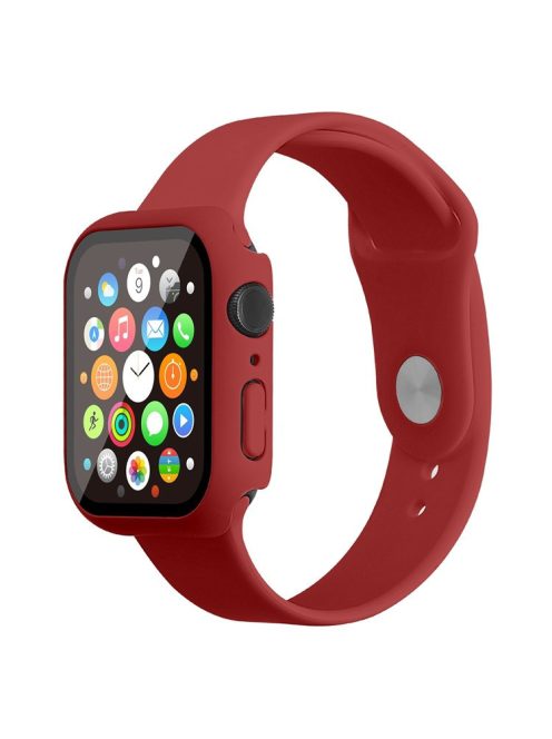 For Apple Watch Series 7 41mm Silicone Outdoor Sports Watch Band+Hard PC Case with Built-in Tempered Glass Screen Protector, Size S/M - Dark Red