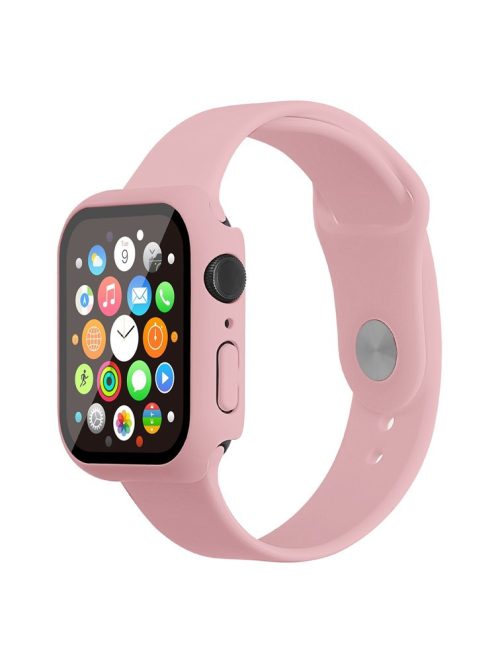 For Apple Watch Series 7 41mm Silicone Outdoor Sports Watch Band+Hard PC Case with Built-in Tempered Glass Screen Protector, Size S/M - Light Pink