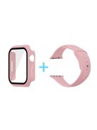 For Apple Watch Series 7 41mm Silicone Outdoor Sports Watch Band+Hard PC Case with Built-in Tempered Glass Screen Protector, Size S/M - Light Pink