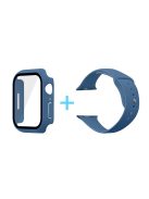 For Apple Watch Series 7 41mm Silicone Outdoor Sports Watch Band+Hard PC Case with Built-in Tempered Glass Screen Protector, Size S/M - Navy Blue