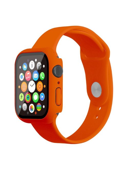 For Apple Watch Series 7 41mm Silicone Outdoor Sports Watch Band+Hard PC Case with Built-in Tempered Glass Screen Protector, Size S/M - Orange