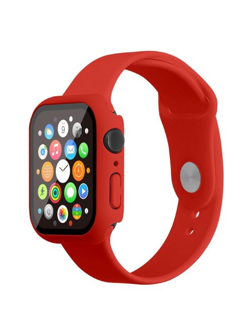 For Apple Watch Series 7 41mm Silicone Outdoor Sports Watch Band+Hard PC Case with Built-in Tempered Glass Screen Protector, Size S/M - Red