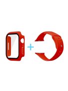 For Apple Watch Series 7 41mm Silicone Outdoor Sports Watch Band+Hard PC Case with Built-in Tempered Glass Screen Protector, Size S/M - Red