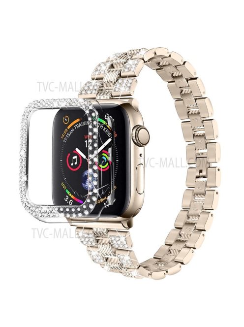 For Apple Watch Series 7 45mm 2-in-1 Design Stainless Steel Rhinestone Thread Watch Strap + Anti-drop Hard PC Watch Case - Gold/Transparent