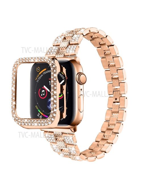 For Apple Watch Series 7 45mm 2-in-1 Design Stainless Steel Rhinestone Thread Watch Strap + Anti-drop Hard PC Watch Case - Rose Gold/Rose Gold