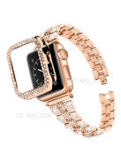 For Apple Watch Series 7 45mm 2-in-1 Design Stainless Steel Rhinestone Thread Watch Strap + Anti-drop Hard PC Watch Case - Rose Gold/Rose Gold