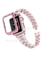 For Apple Watch Series 7 45mm 2-in-1 Design Stainless Steel Rhinestone Thread Watch Strap + Anti-drop Hard PC Watch Case - Rose Pink/Rose Pink