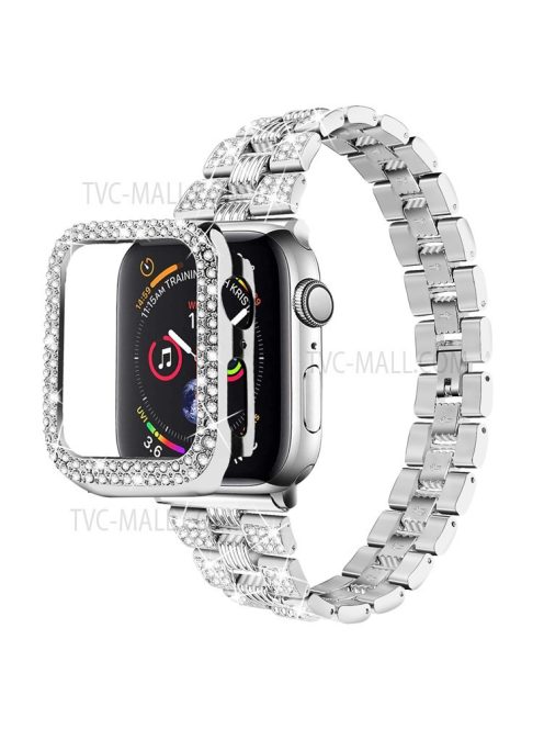 For Apple Watch Series 7 45mm 2-in-1 Design Stainless Steel Rhinestone Thread Watch Strap + Anti-drop Hard PC Watch Case - Silver/Silver