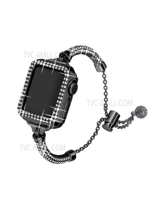 For Apple Watch Series 7 45mm Bracelet Metal Shiny Rhinestone Decor Smart Watch Band + Hollow Out PC Watch Cover Case - Black