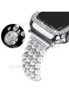 For Apple Watch Series 7 45mm Faux Pearl Rhinestone Metal Watch Band Wrist Strap + Anti-scratch PC Watch Case - Silver