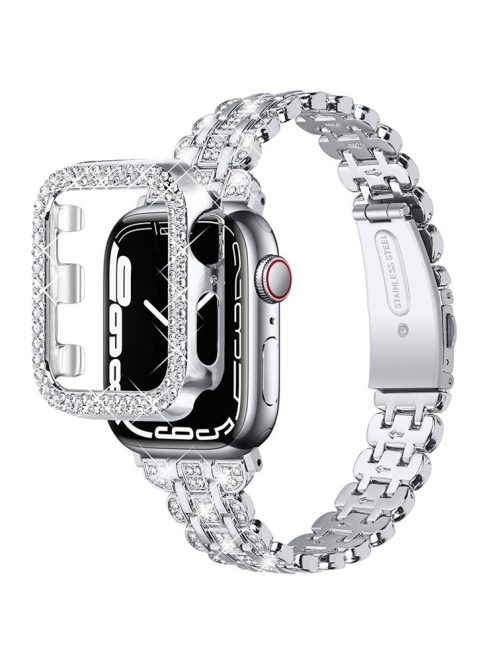 For Apple Watch Series 7 45mm Hard PC Anti-drop Watch Case + Rhinestone Decor Stainless Steel Wrist Strap Watch Band - Silver